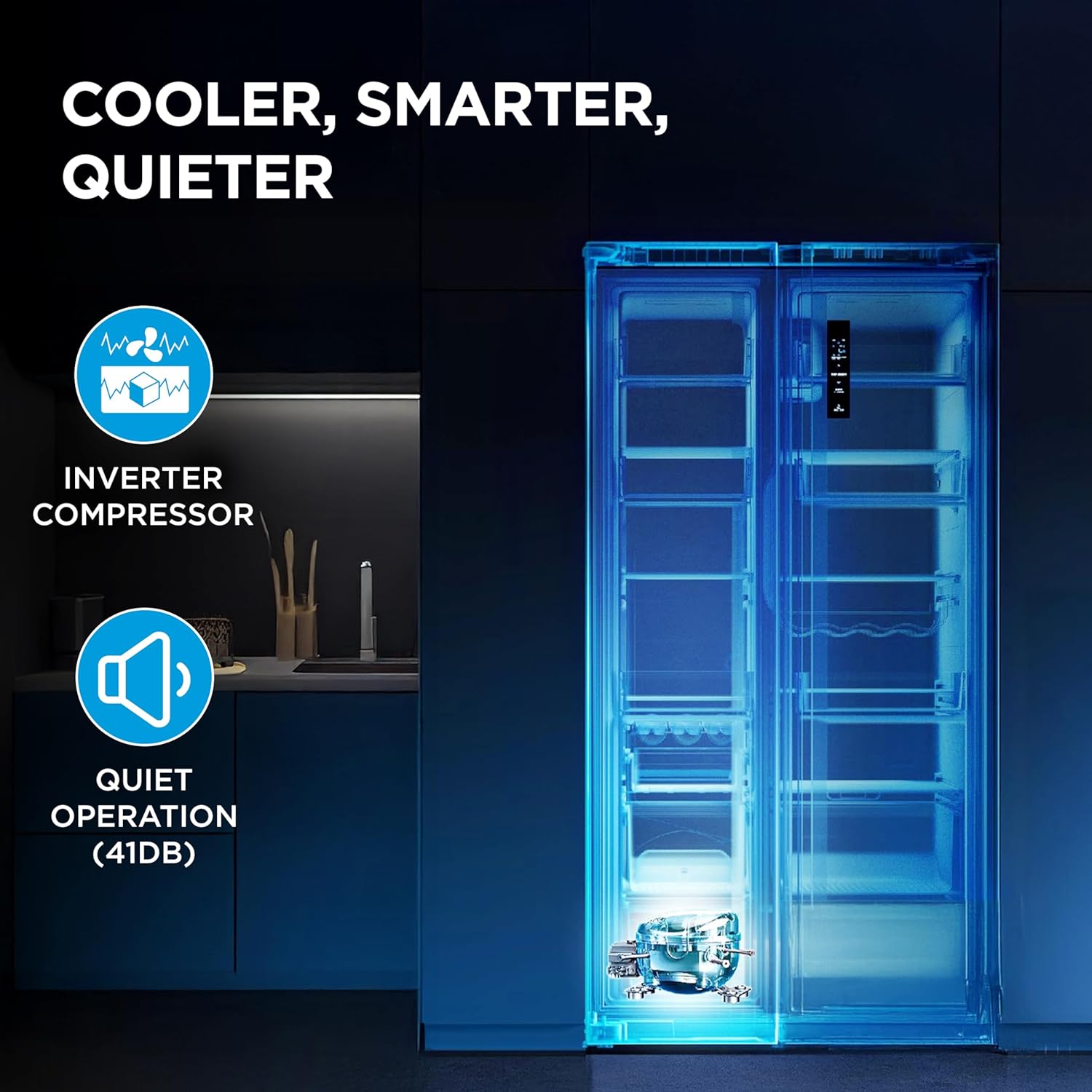 Midea 563 L Side By Side, frost free,Digital Display,Stabilizer Free Operation, Inverter compressor Refrigerator (MDRS710FGF46 Bru Steel)