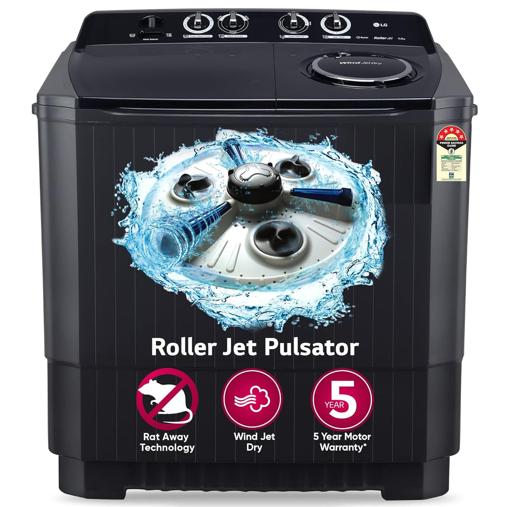 LG 11 Kg 5 Star Wind Jet Dry Rat Away Technology Semi-Automatic Top Loading Washing Machine (P1155SKAZ, Roller Jet Pulsator, Punch + 3, Middle Black)
