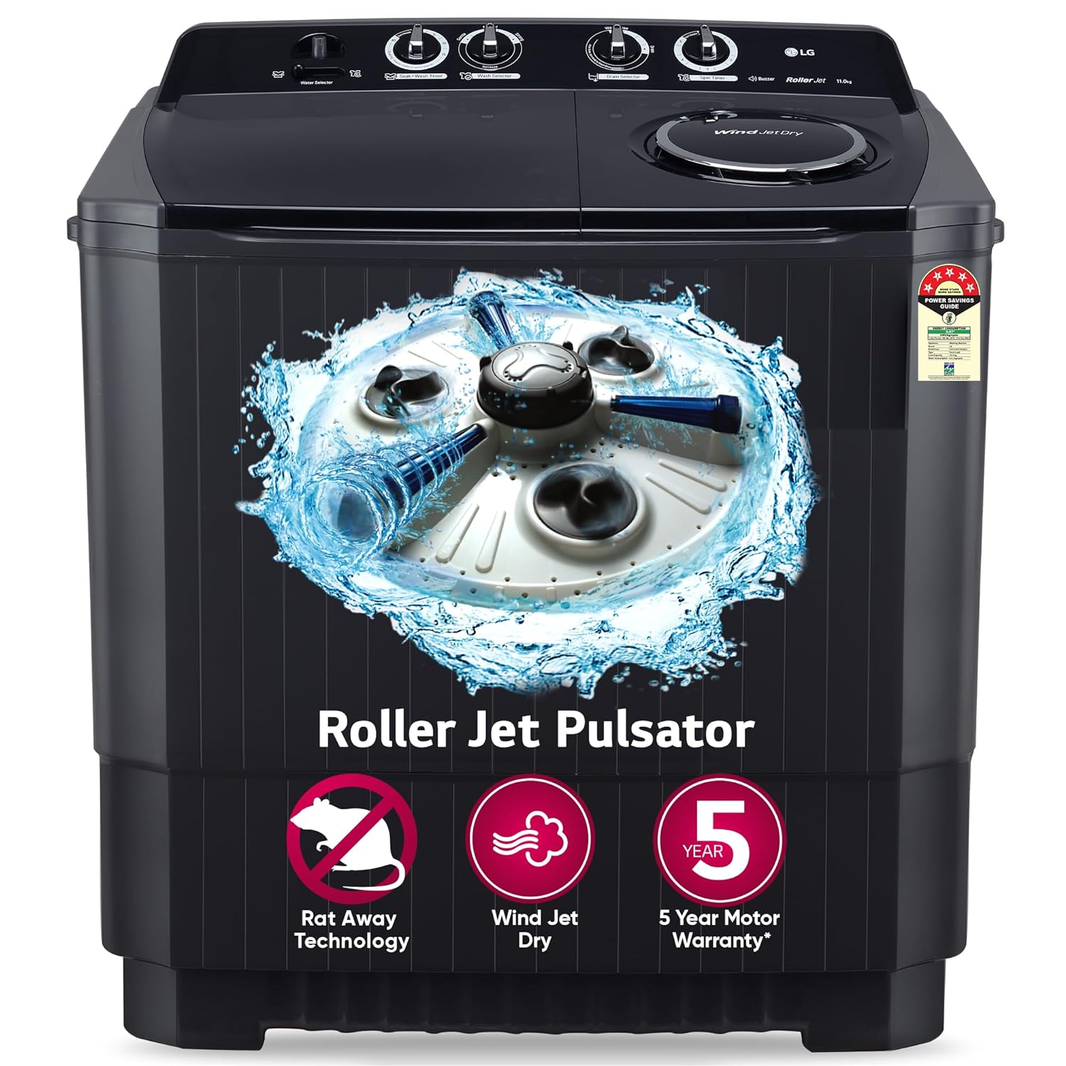 LG 11 Kg 5 Star Wind Jet Dry Rat Away Technology Semi-Automatic Top Loading Washing Machine (P1155SKAZ, Roller Jet Pulsator, Punch + 3, Middle Black)