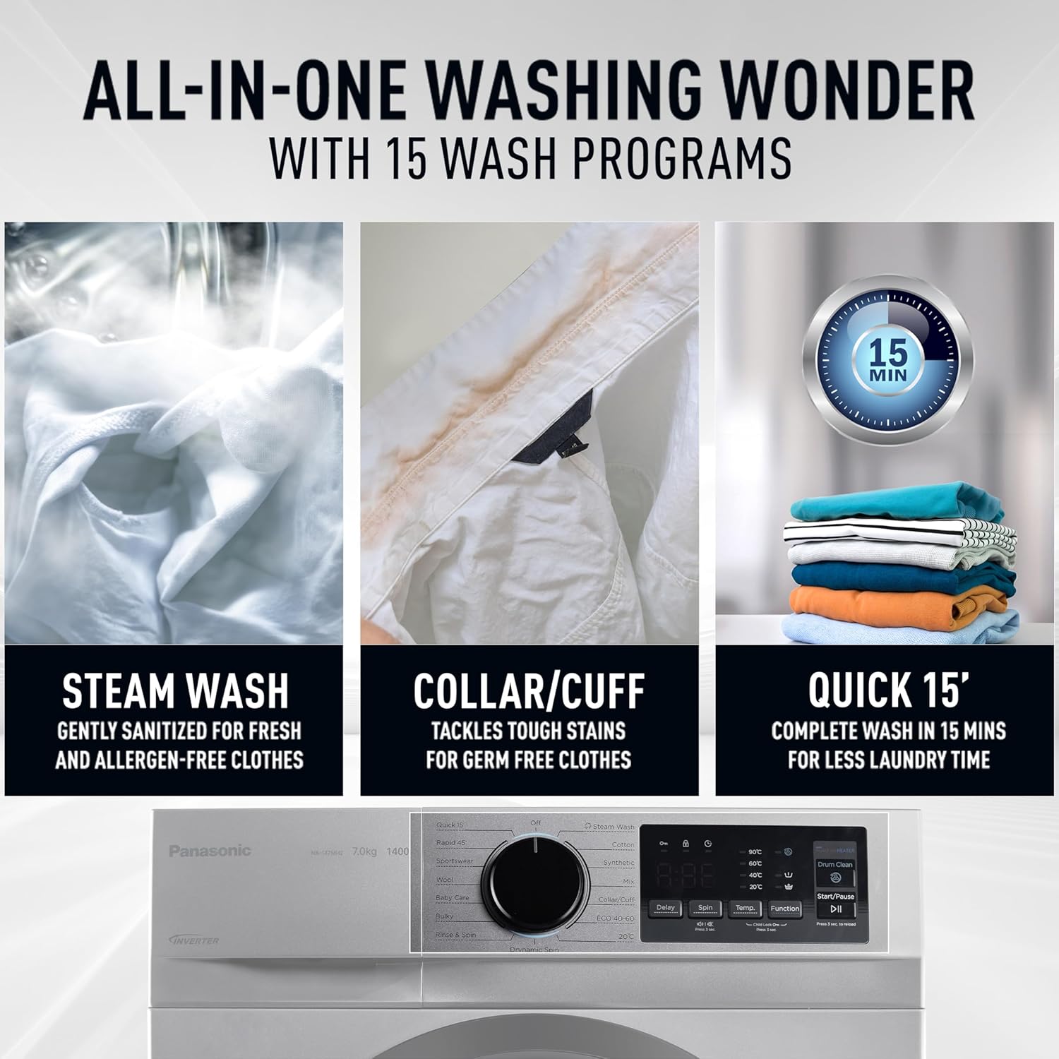 Panasonic 7 kg 5 Star Inverter Fully Automatic Front Loading Washing Machine with Built-In Heater (NA-147MH2L01, Dark Silver)