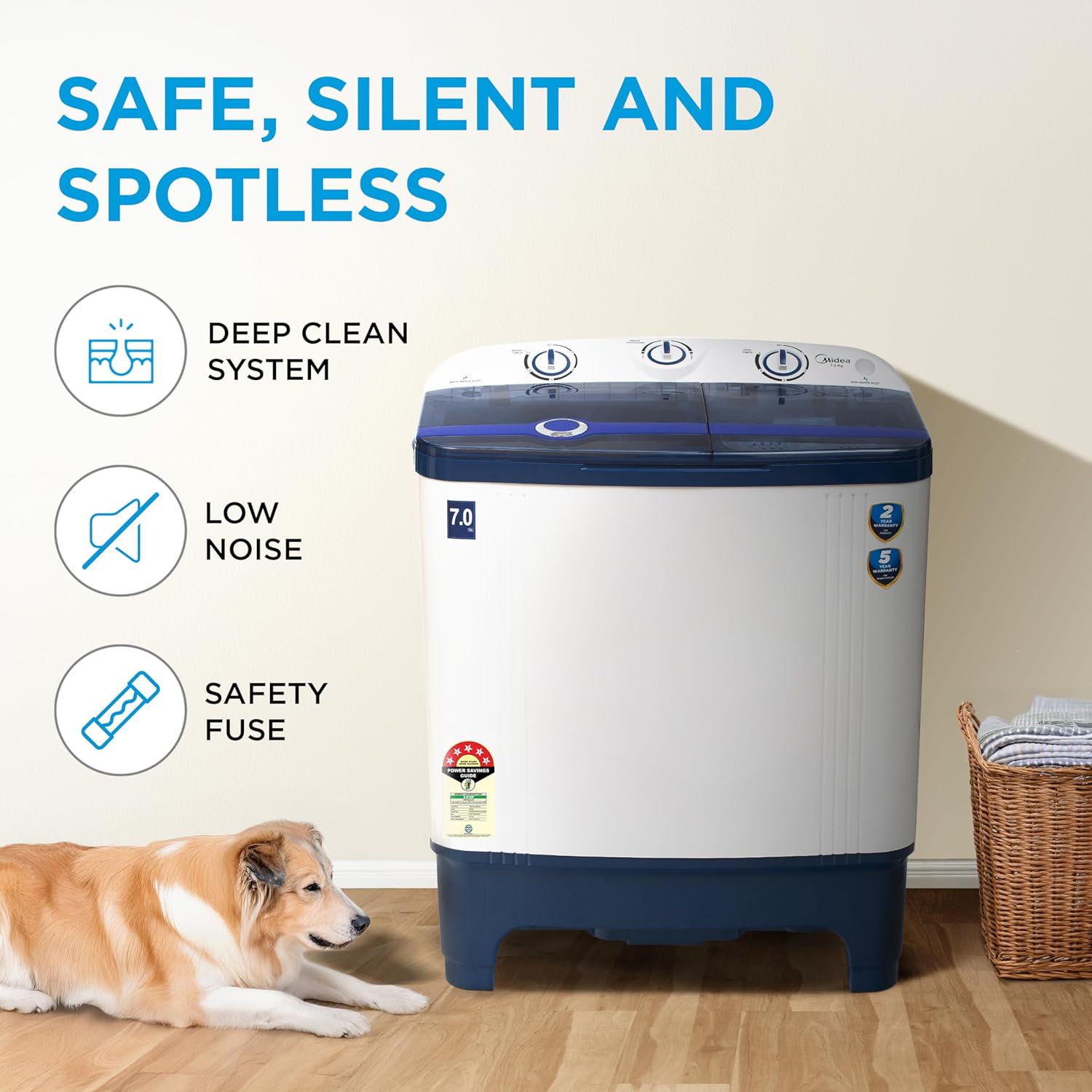 Midea Washing Machine Semi Automatic 7.0 KG Plastic Lid Black White,MWMSA070PPG(KW)
