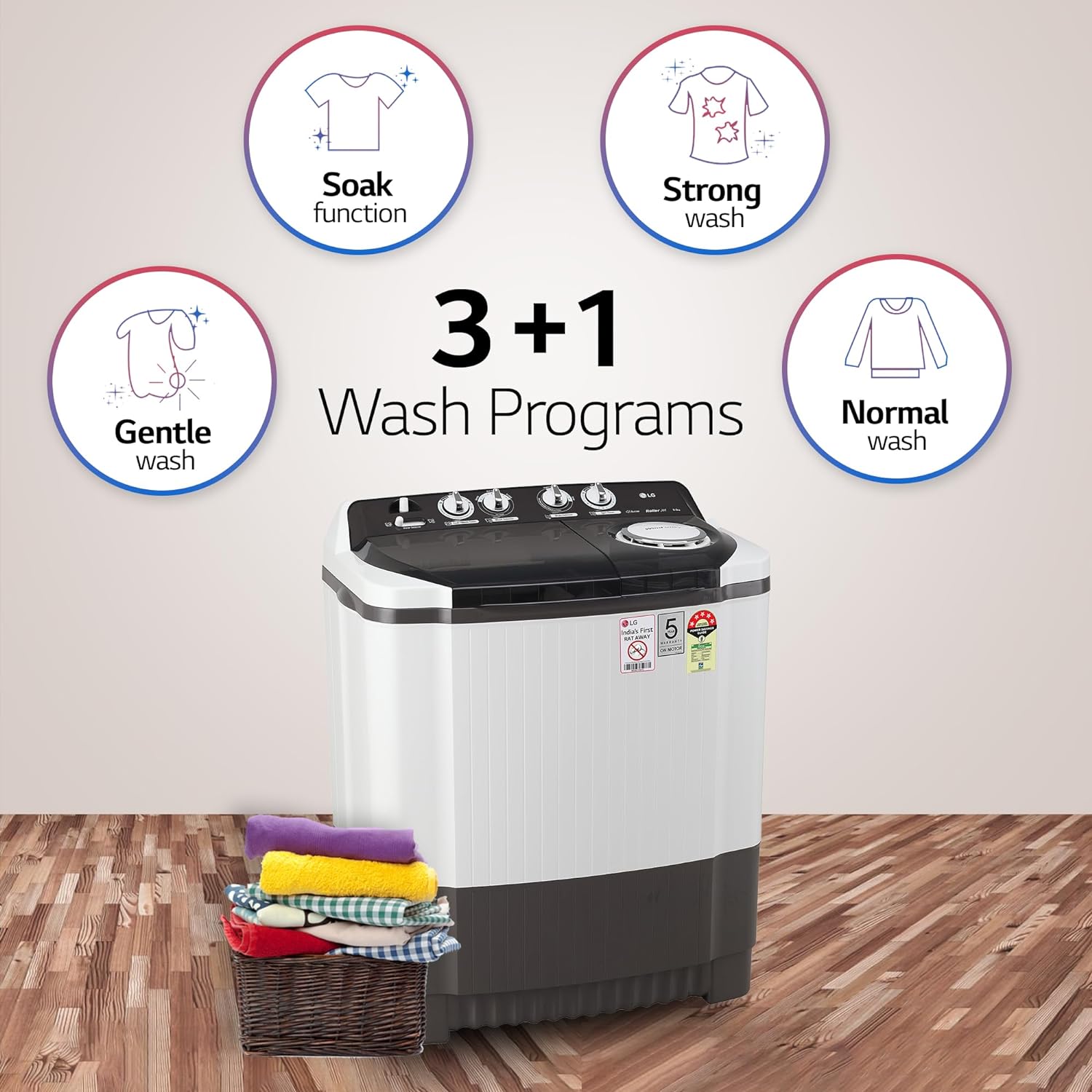 LG 8.0 Kg 5 Star Semi-Automatic Top Loading Washing Machine with Roller Jet Pulsator, Wind Jet Dry, Soak & Rat Away Technology (P8030SGAZ, Collar Scrubber & Rust Free Plastic Base, Dark Gray)