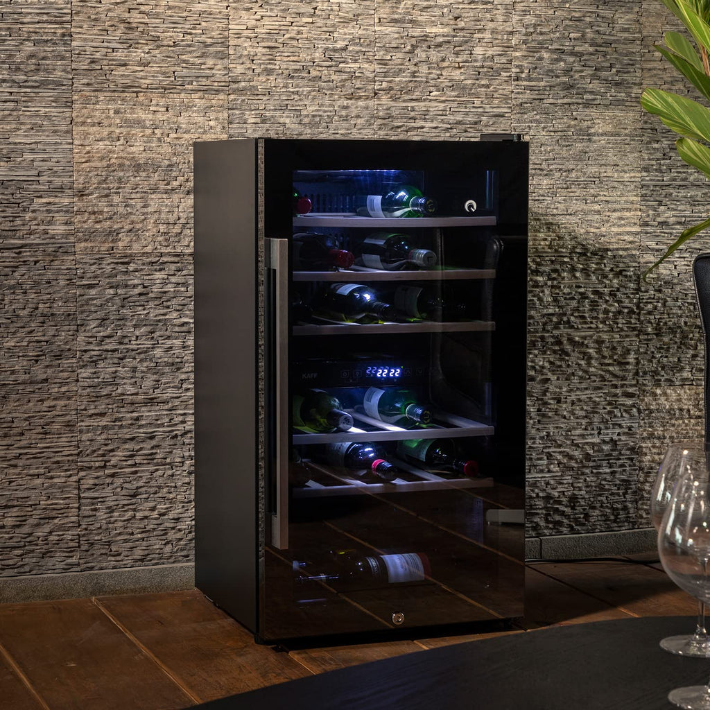 Kaff WC 76 DZ FreeStanding Wine Cooler Refrigerator Dual Zone 76 Litre 29 Bottles Approx. with UVProtection Inner Glass Child Lock  Wooden Shelves Wine Fridge for Red White Champagne Black