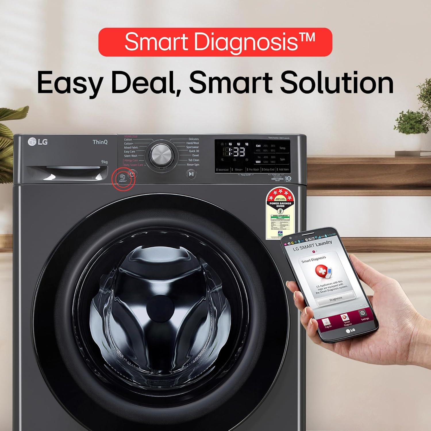 LG 9 Kg, 5 Star, AI Direct Drive Technology, Steam, 6 Motion DD & Wi-Fi Fully-Automatic Front Load Washing Machine (FHP1209Z5M, Intelligent & Convenient Fabric Care, Allergy Care, Middle Black)