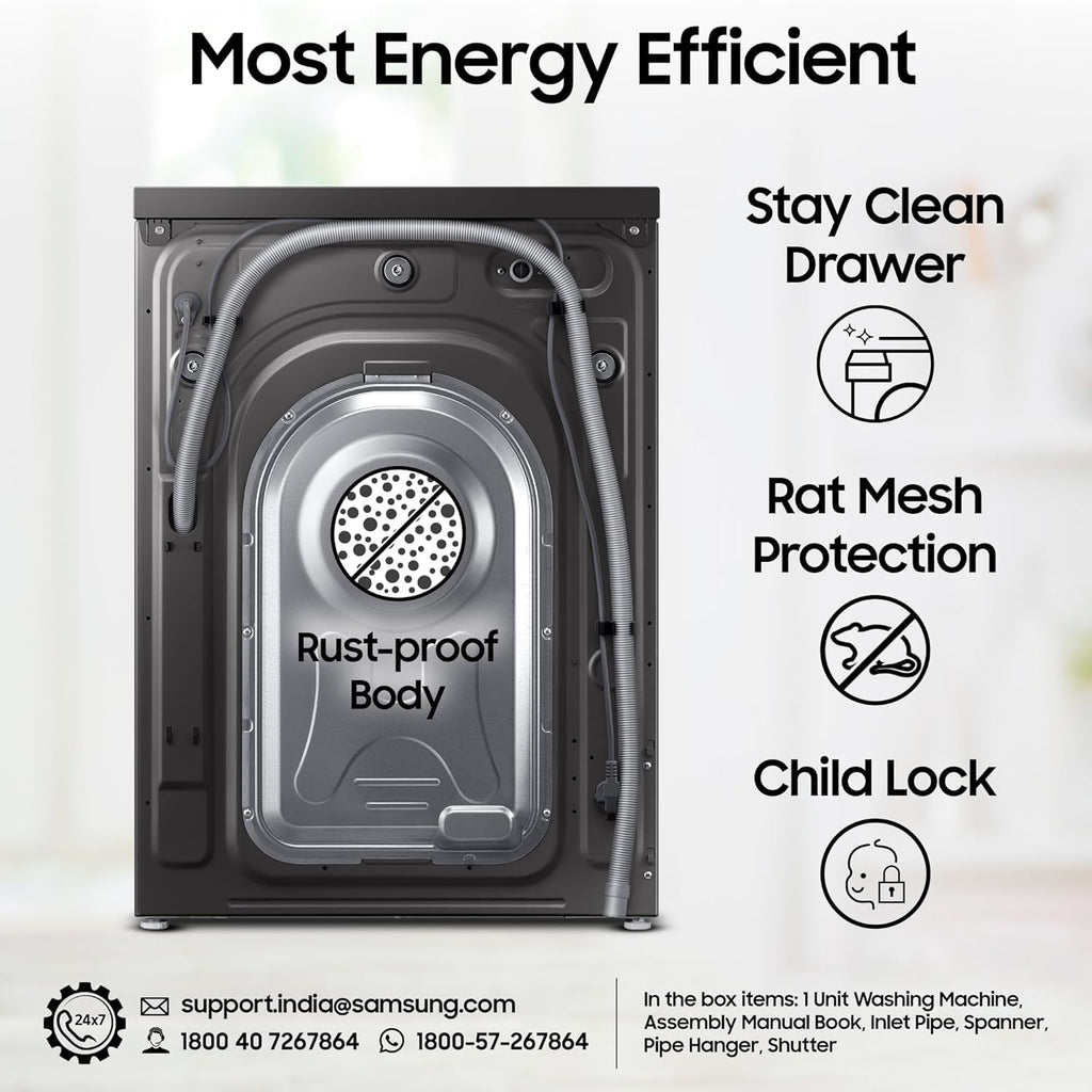 Samsung 9 kg, 5 star, AI EcoBubble, Super Speed, Wi-Fi, Hygiene Steam with Inbuilt Heater, Digital Inverter, Fully-Automatic Front Load Washing Machine (WW90DG5U24AXTL, Inox)