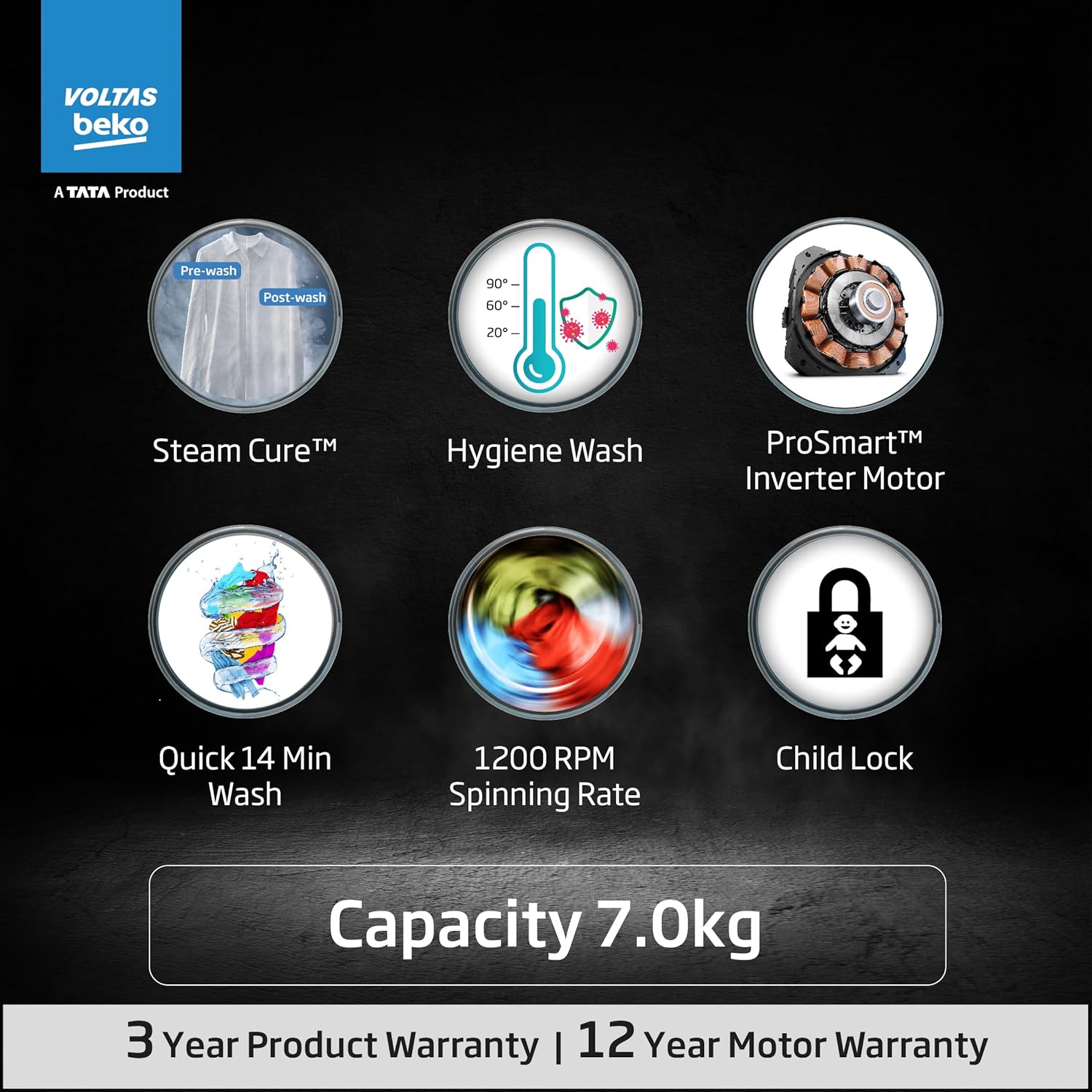 Voltas Beko, A Tata Product 7 Kg 5 Star Inverter, Quick 14-Min Wash Fully Automatic Front Load Washing Machine (WFL7012B7JVBKA/WXV, White, Inbuilt Heater/Hygiene Steam/Digital Display)