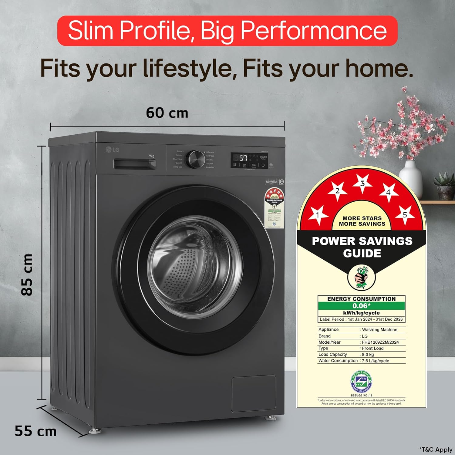 LG 9 Kg, 5 Star, Direct Drive Technology, Steam Wash, 6 Motion DD, Fully-Automatic Front Load Washing Machine (FHB1209Z2M, Allergy Care, In-Built Heater, Touch Panel, Middle Black)