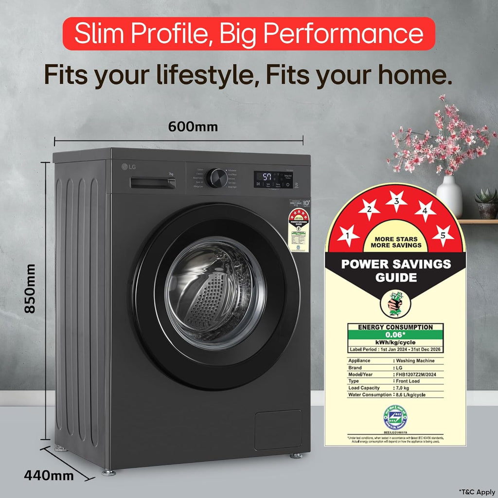 LG 7 Kg, 5 Star, Direct Drive Technology, Steam Wash, 6 Motion DD, Fully-Automatic Front Load Washing Machine (FHB1207Z2M, Allergy Care, In-Built Heater, Touch Panel, Middle Black)