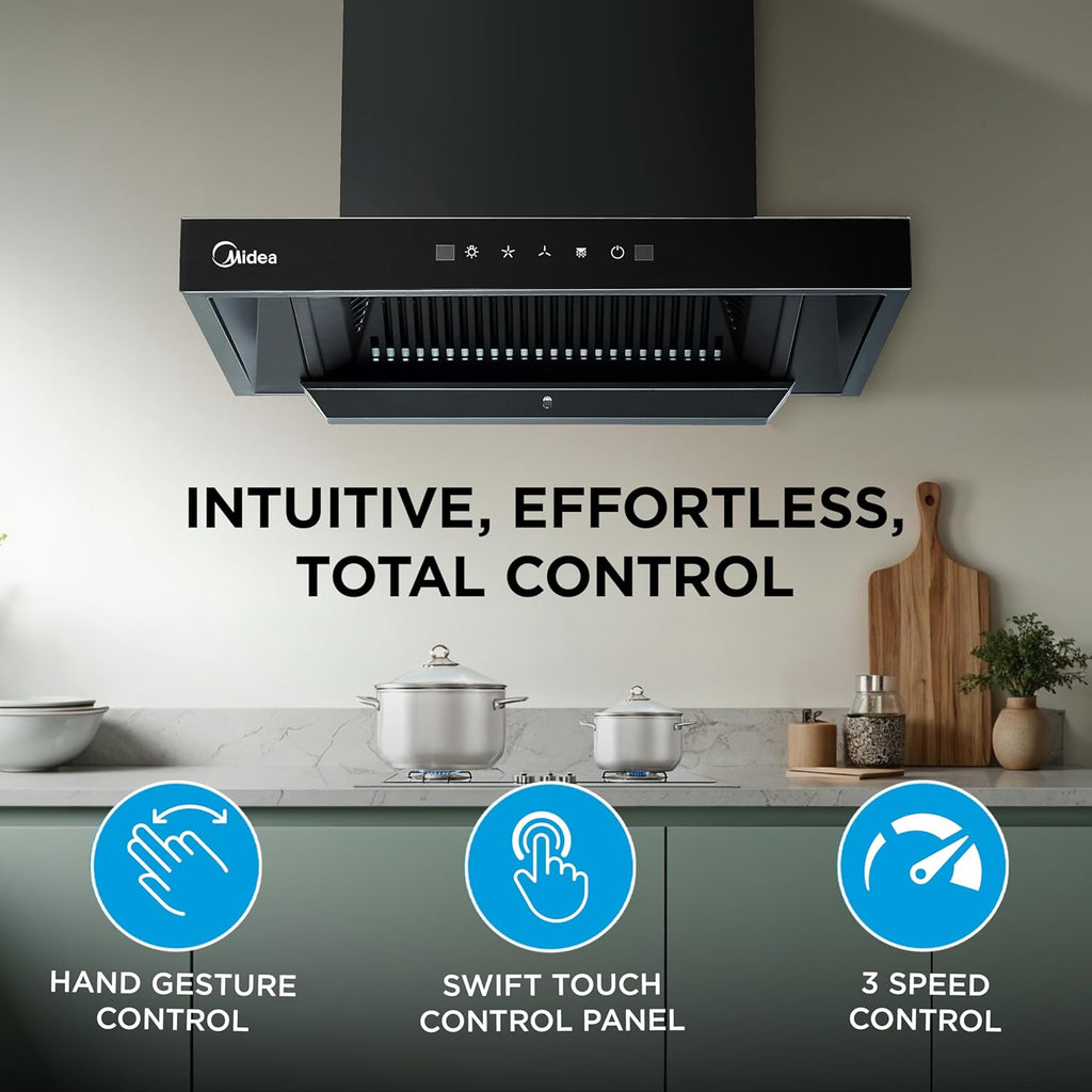 Midea 60 cm 1400 m3/hr Filter-less, Autoclean, Motion Sensor, T Shape kitchen Chimney (Falcon Auto Clean), Black MCHT-600T(IN)