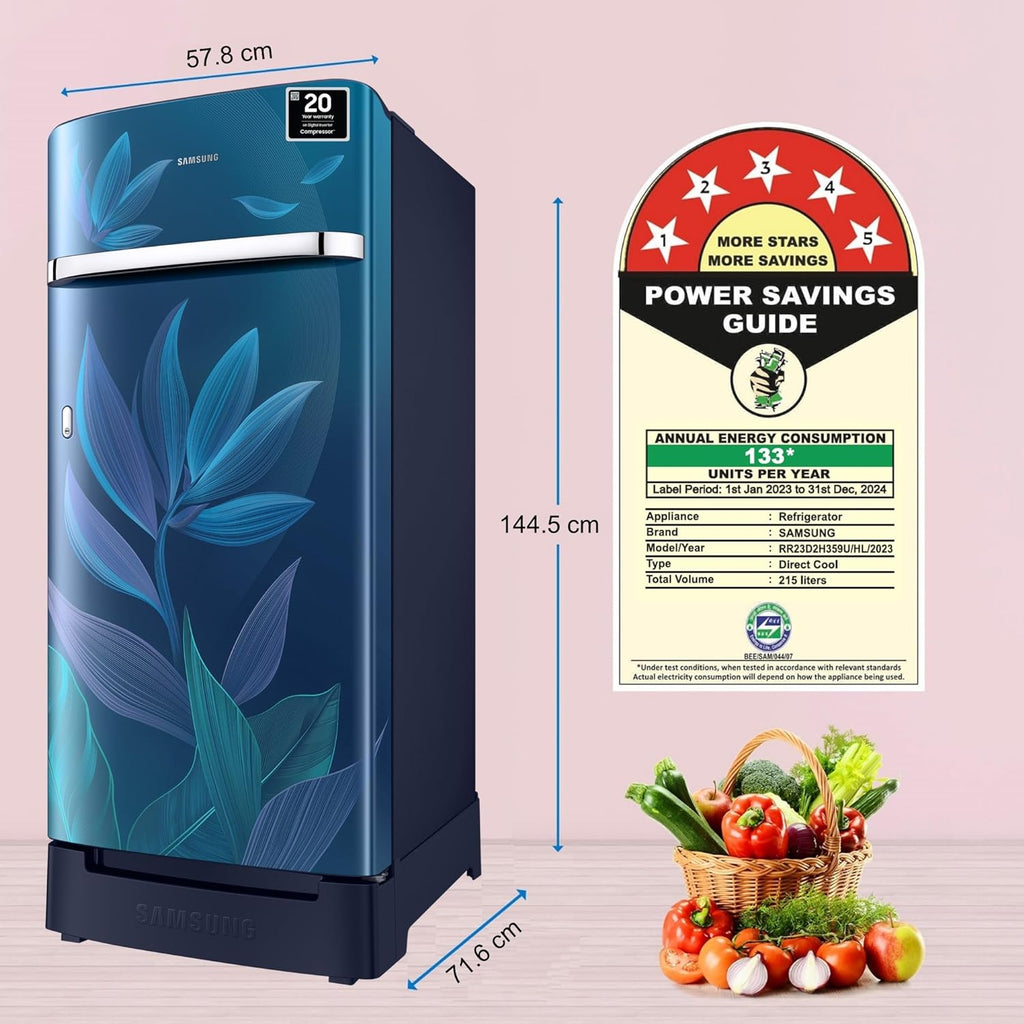 Samsung 215 L, 5 Star, Digital Inverter, Direct-Cool Single Door Refrigerator (RR23D2H359U/HL)