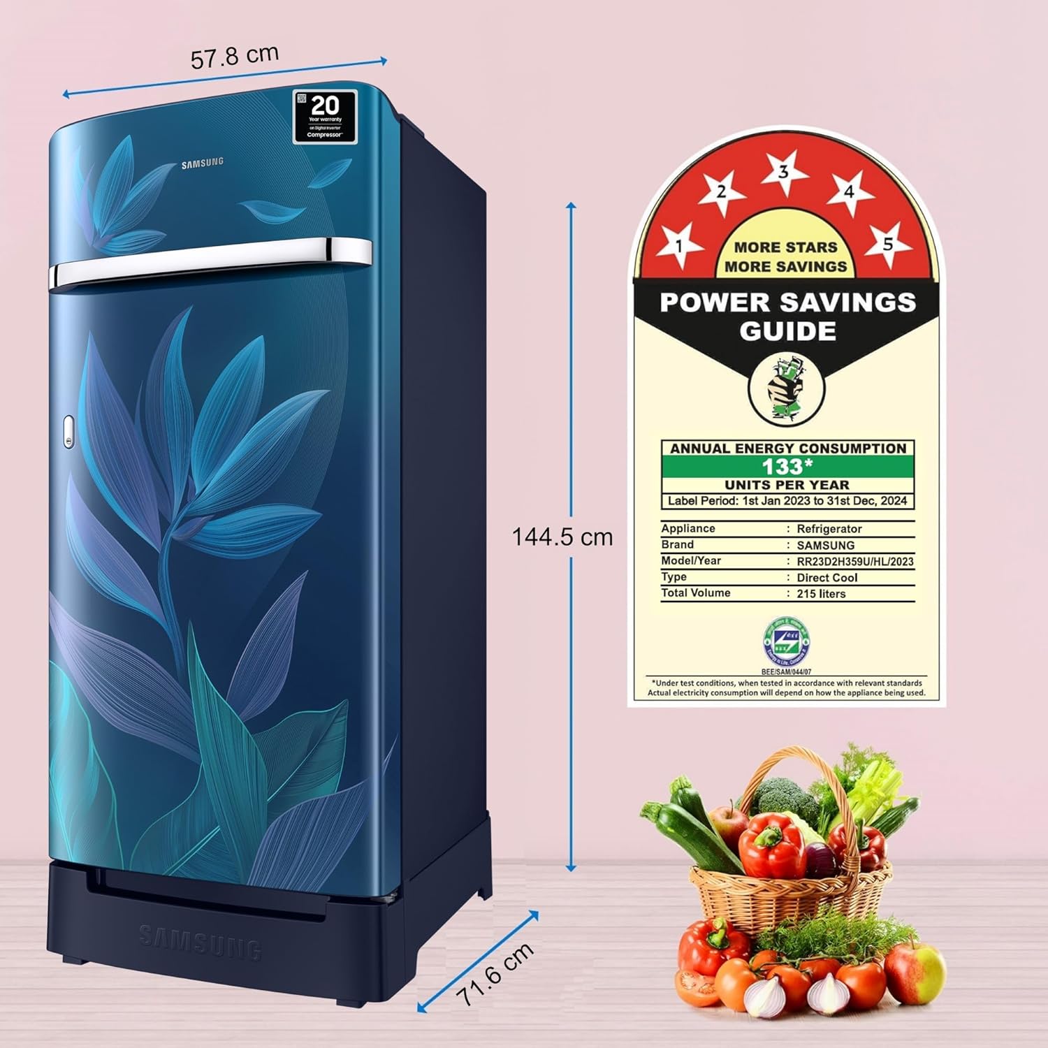 Samsung 215 L, 5 Star, Digital Inverter, Direct-Cool Single Door Refrigerator (RR23D2H359U/HL)