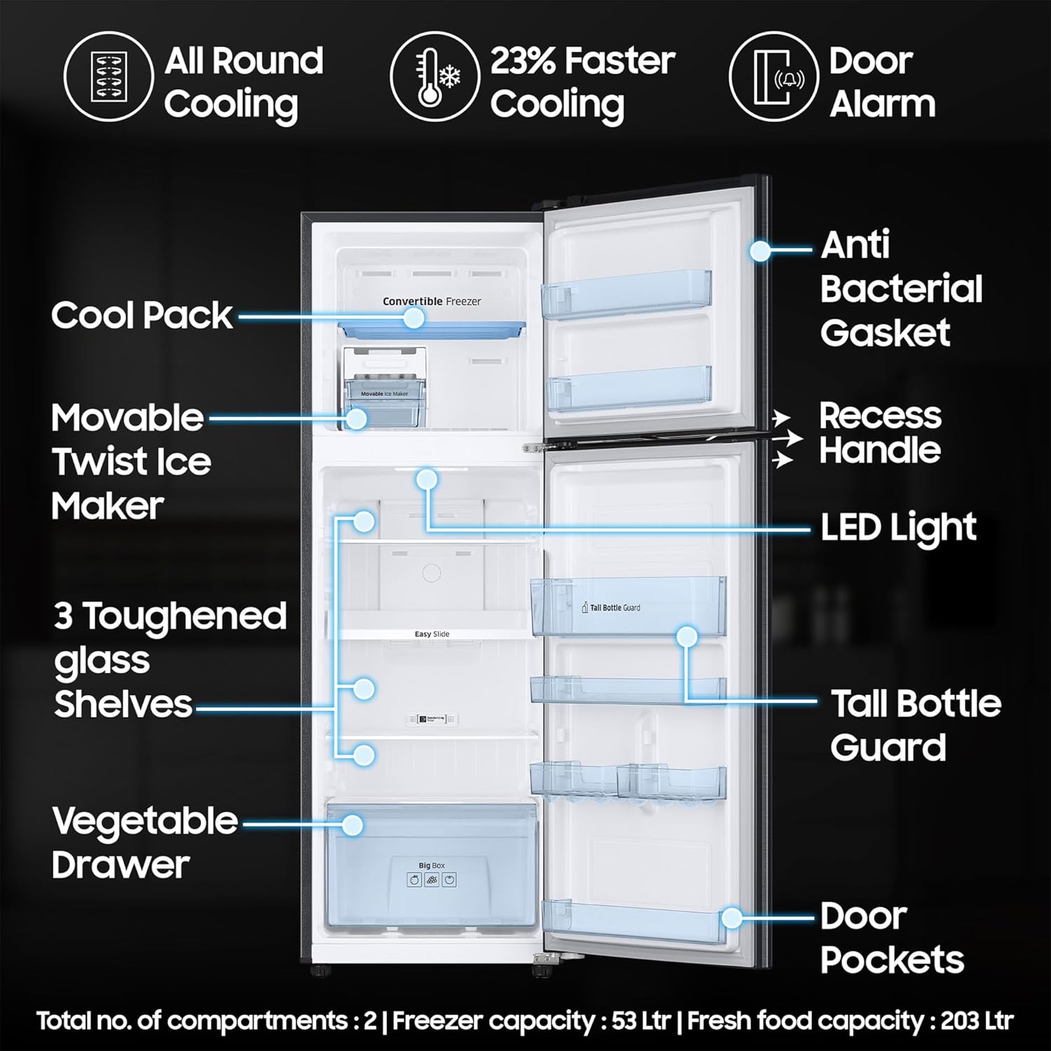 Samsung 256 L, 3 Star, Convertible, Digital Inverter with Display Frost Free Double Door Refrigerator (RT30C3733BX/HL, Luxe Black)