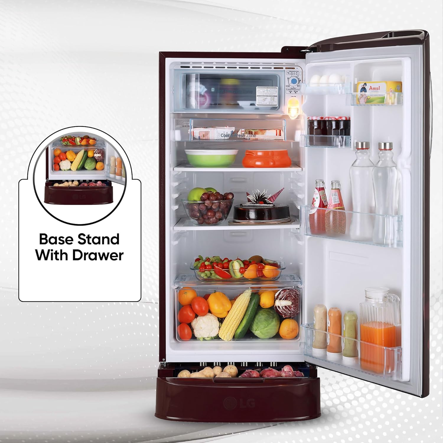 LG 185 L 5 Star Inverter Direct-Cool Single Door Refrigerator (GL-D201ASEU, Scarlet Euphoria, Base stand with drawer)