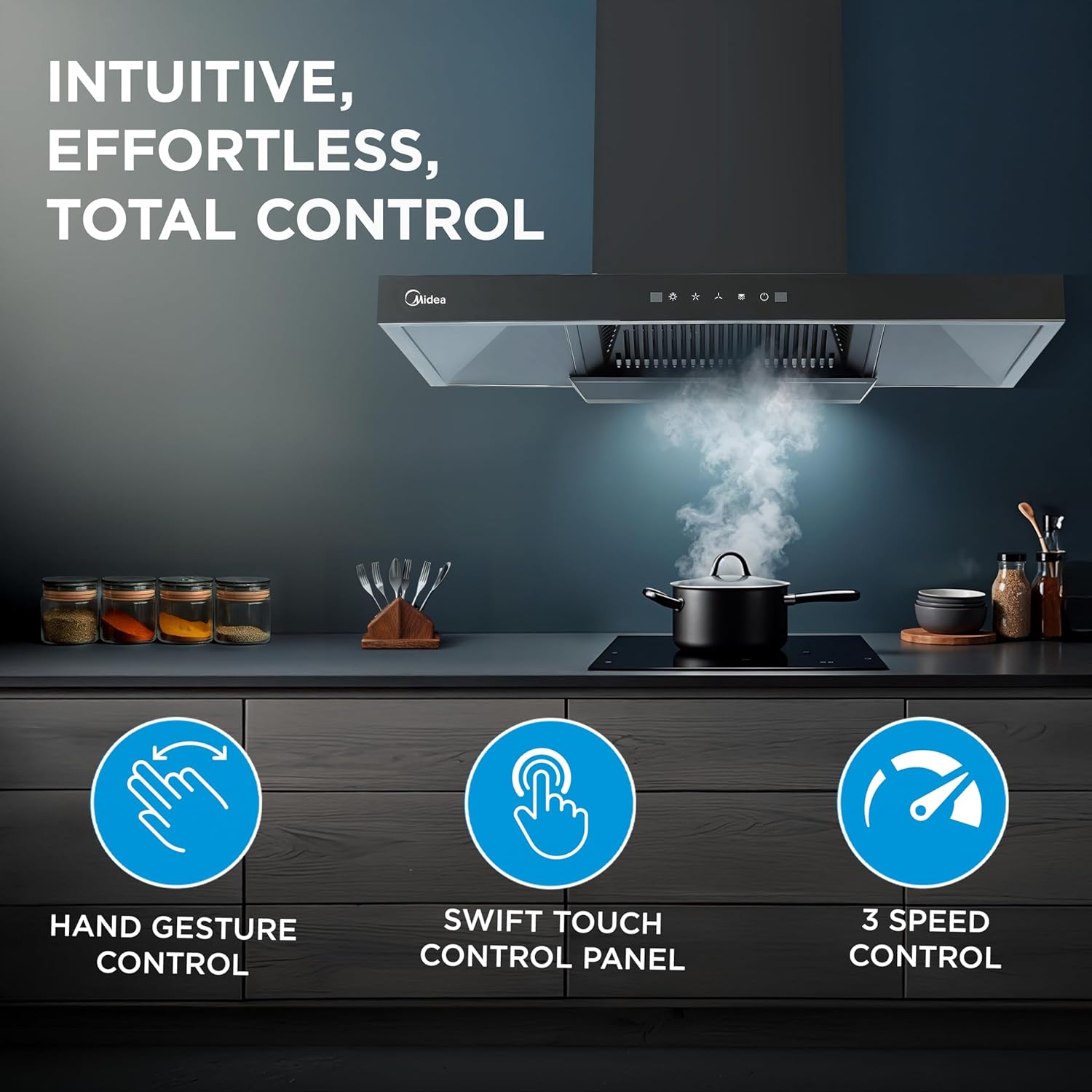 Midea 90 cm 1400 m3/hr Filter-less, Autoclean, Motion Sensor, T Shape kitchen Chimney (Falcon Auto Clean), Black MCHT-900T(IN)