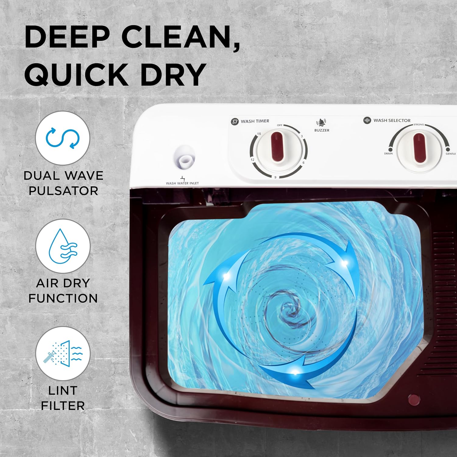 Midea 7.5 KG Semi Automatic Top Loading Washing Machine, Rust proof Body, Air Dry Function with 1300 RPM (MWMSA075PPG, Maroon White)