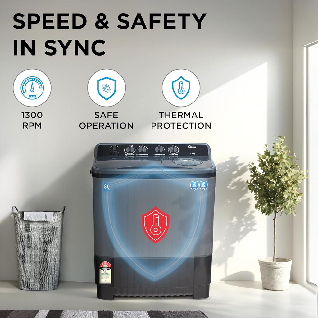 Midea 8 Kg 5 Star Semi Automatic Top-Load Washing Machine Black Grey (MWMSA080SAPPG(KG), Rat Away Feature, Air Jet Dry IPX4 Protection)