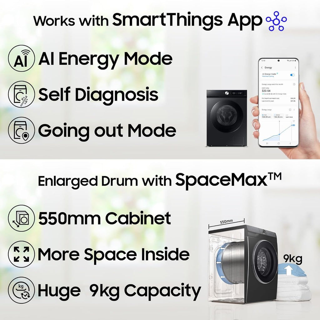 Samsung 9 kg, 5 star, AI EcoBubble, Super Speed, Wi-Fi, Hygiene Steam with Inbuilt Heater, Digital Inverter, Fully-Automatic Front Load Washing Machine (WW90DG5U24AXTL, Inox)