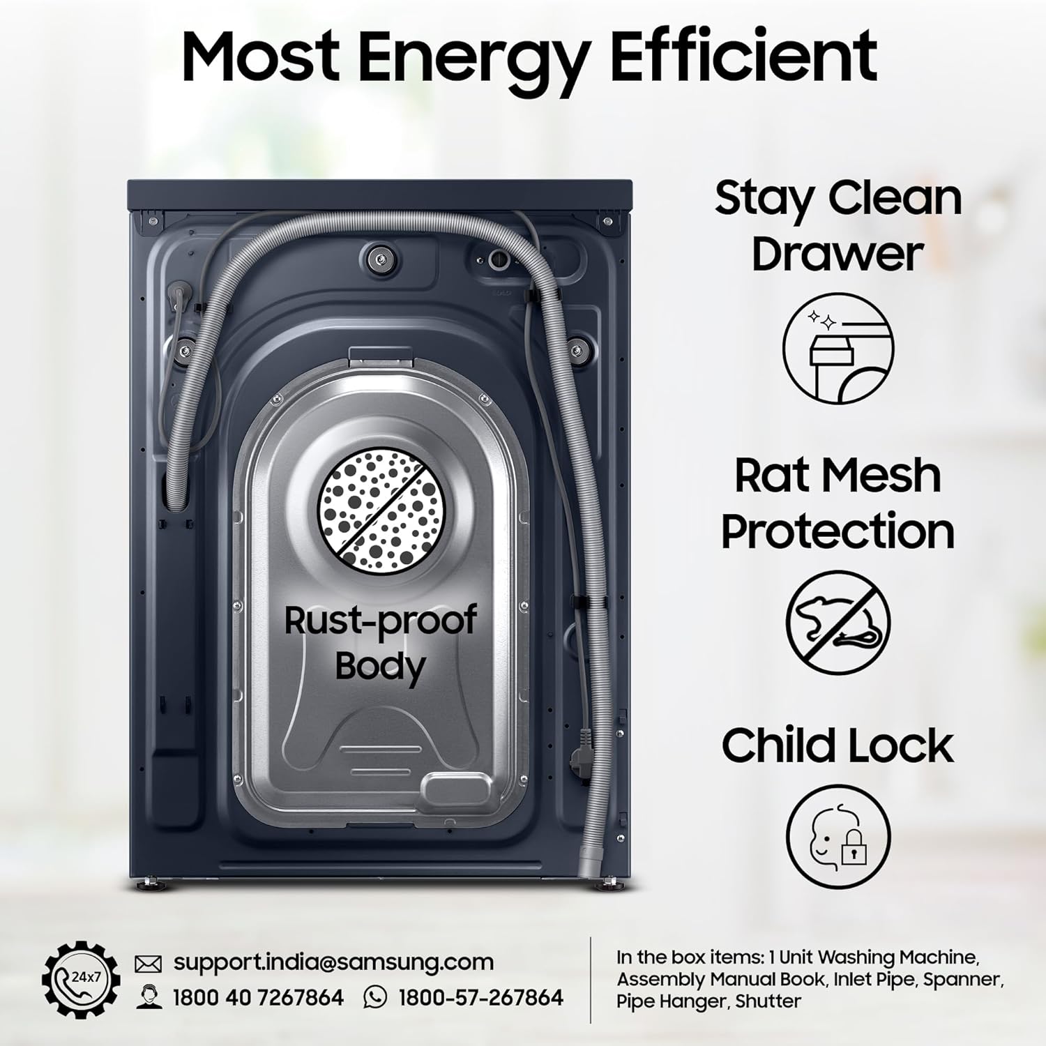 Samsung Smart Choice 9 kg, 5 Star, AI Control, AI Ecobubble, Super Speed, Wi-Fi, Hygiene Steam with Inbuilt Heater, Digital Inverter, Fully-Automatic Front Load Washing Machine (WW90DG6U24ASTL, NAVY)