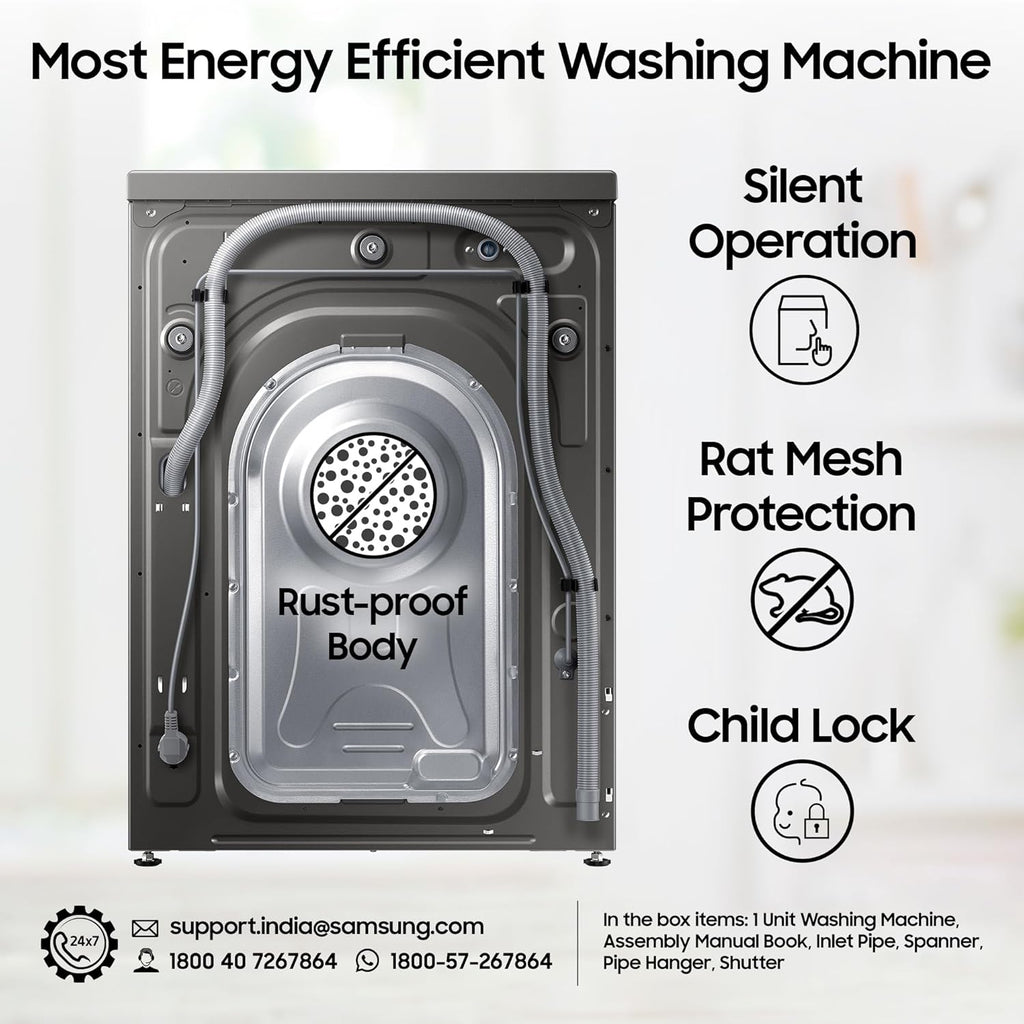 Samsung 7 kg, 5 star, EcoBubble Technology, Hygiene Steam with Inbuilt Heater, Digital Inverter, Fully-Automatic Front Load Washing Machine (WW70R22EK0X/TL, INOX GRAY)