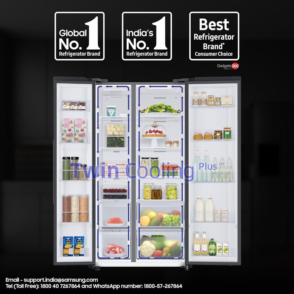 Samsung 653 L, 3 Star, Frost Free, Double Door, Convertible 5-in-1 Digital Inverter, Side By Side AI Enabled Smart Refrigerator with WiFi (RS76CG8003B1HL, Black Matt)
