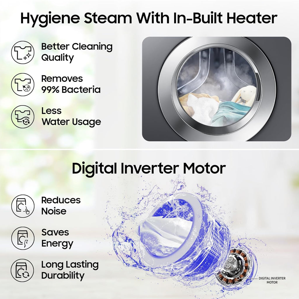 Samsung 7 kg, 5 star, EcoBubble Technology, Hygiene Steam with Inbuilt Heater, Digital Inverter, Fully-Automatic Front Load Washing Machine (WW70R22EK0X/TL, INOX GRAY)