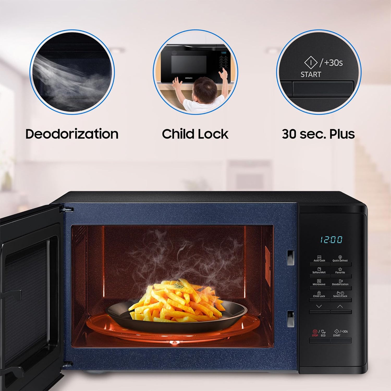 Samsung 23 L Solo Microwave Oven (MS23A3513AK/TL, Black, Auto Cook Programs, Child Safety Lock, Memory Feature, Deodorization, Ceramic Enamel Cavity with 10 year warranty)