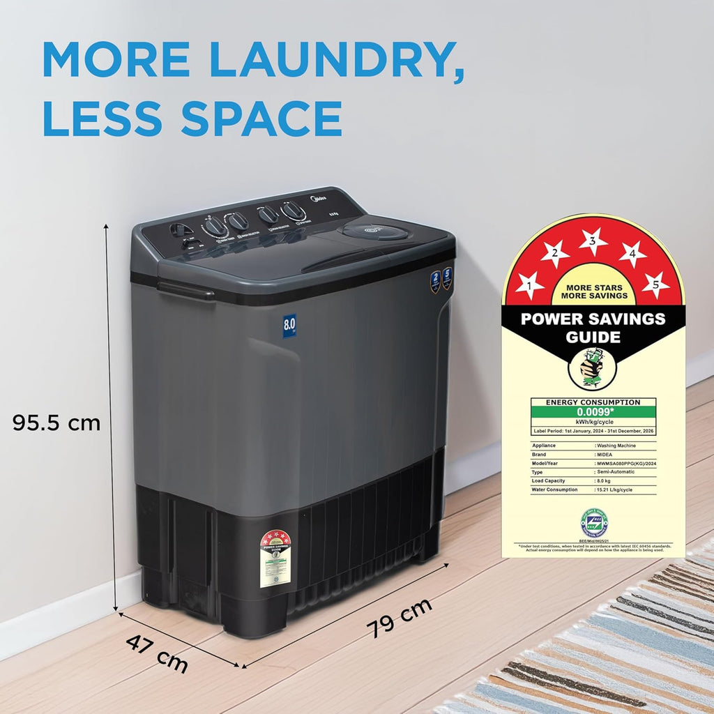 Midea 8 Kg 5 Star Semi Automatic Top-Load Washing Machine Black Grey (MWMSA080SAPPG(KG), Rat Away Feature, Air Jet Dry IPX4 Protection)