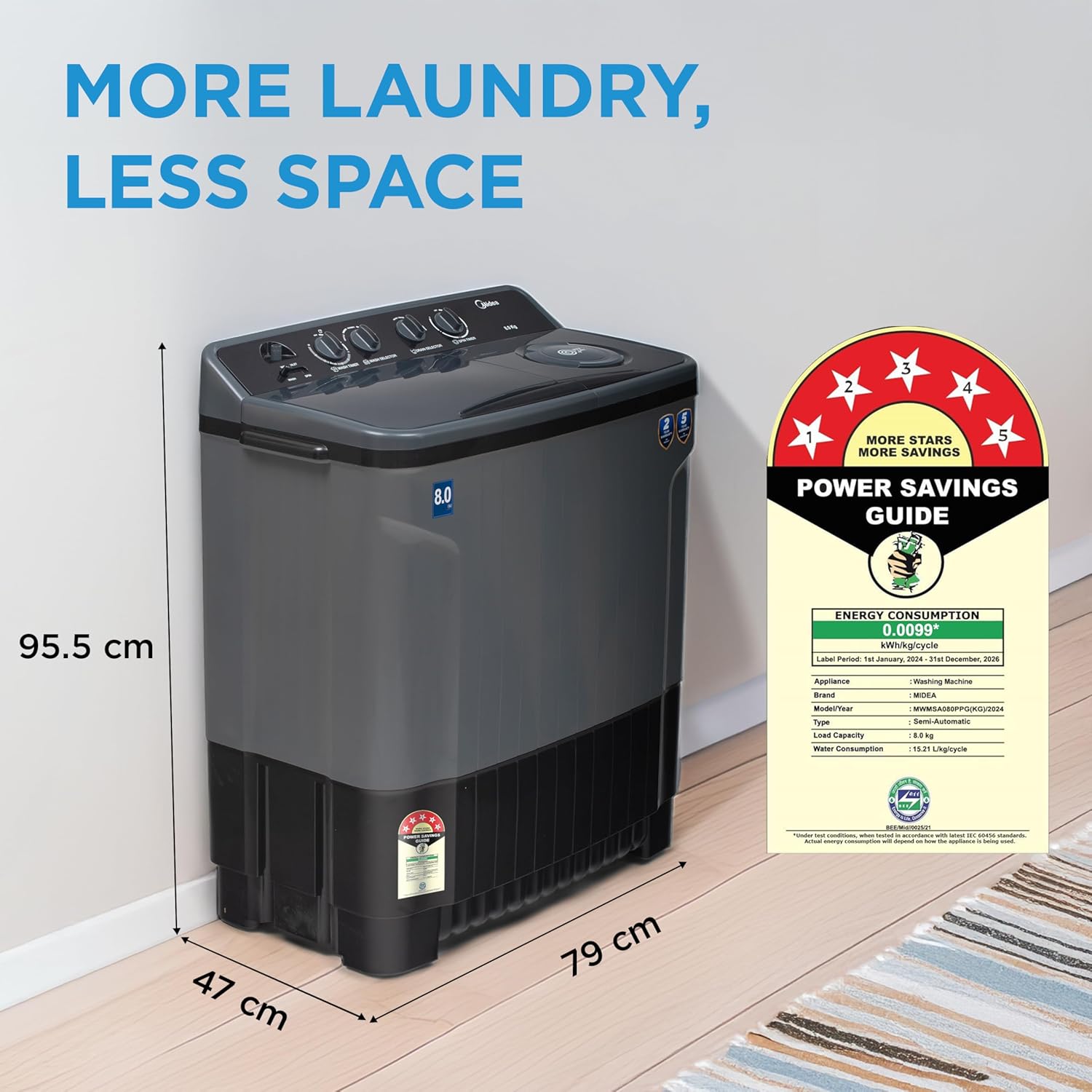 Midea 8 Kg 5 Star Semi Automatic Top-Load Washing Machine Black Grey (MWMSA080SAPPG(KG), Rat Away Feature, Air Jet Dry IPX4 Protection)