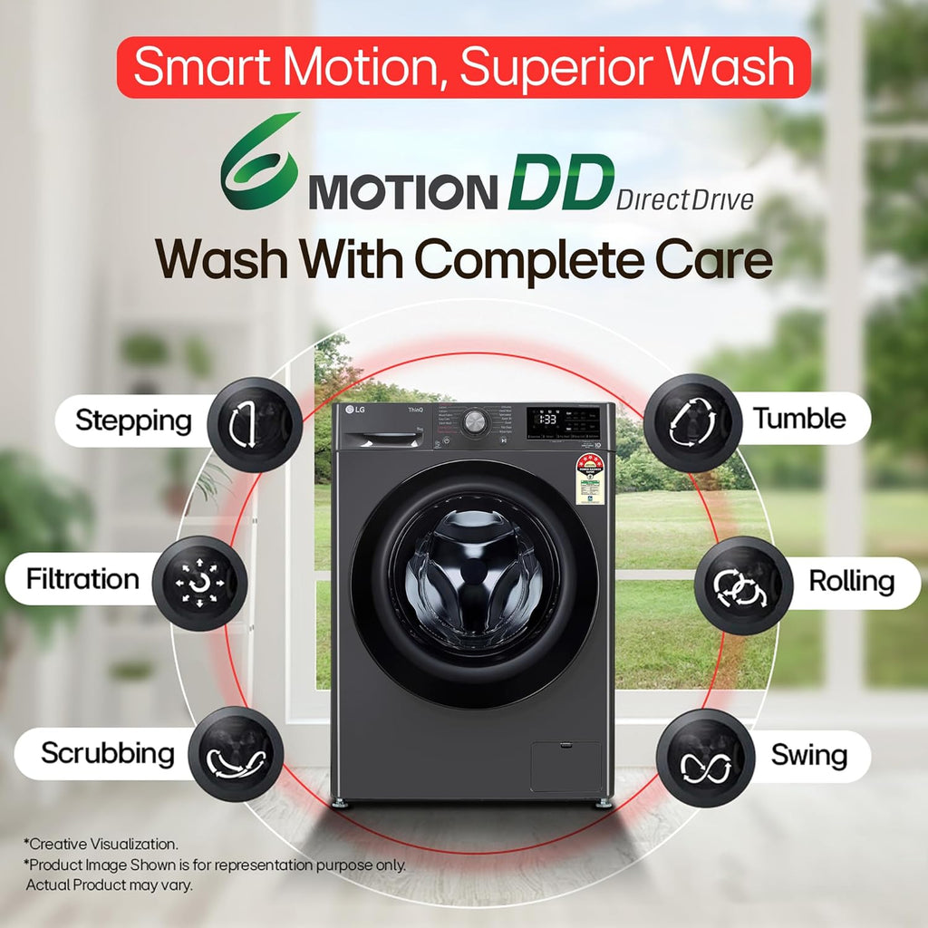 LG 9 Kg, 5 Star, AI Direct Drive Technology, Steam, 6 Motion DD & Wi-Fi Fully-Automatic Front Load Washing Machine (FHP1209Z5M, Intelligent & Convenient Fabric Care, Allergy Care, Middle Black)