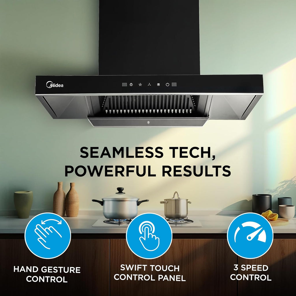 Midea 75 cm 1400 m3/hr Filter-less, Autoclean, Motion Sensor, T Shape kitchen Chimney (Falcon Auto Clean), Black MCHT-750T(IN)