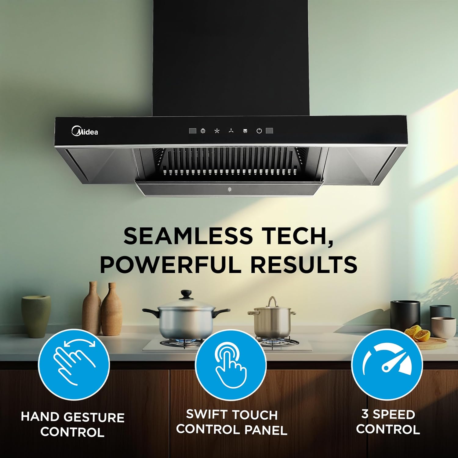 Midea 75 cm 1400 m3/hr Filter-less, Autoclean, Motion Sensor, T Shape kitchen Chimney (Falcon Auto Clean), Black MCHT-750T(IN)