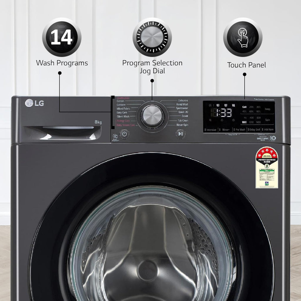 LG 8 Kg, 5 Star, AI Direct Drive Technology, Steam & 6 Motion DD Fully-Automatic Front Load Washing Machine (FHP1208Z3M, Intelligent & Convenient Fabric Care, Allergy Care, Middle Black)