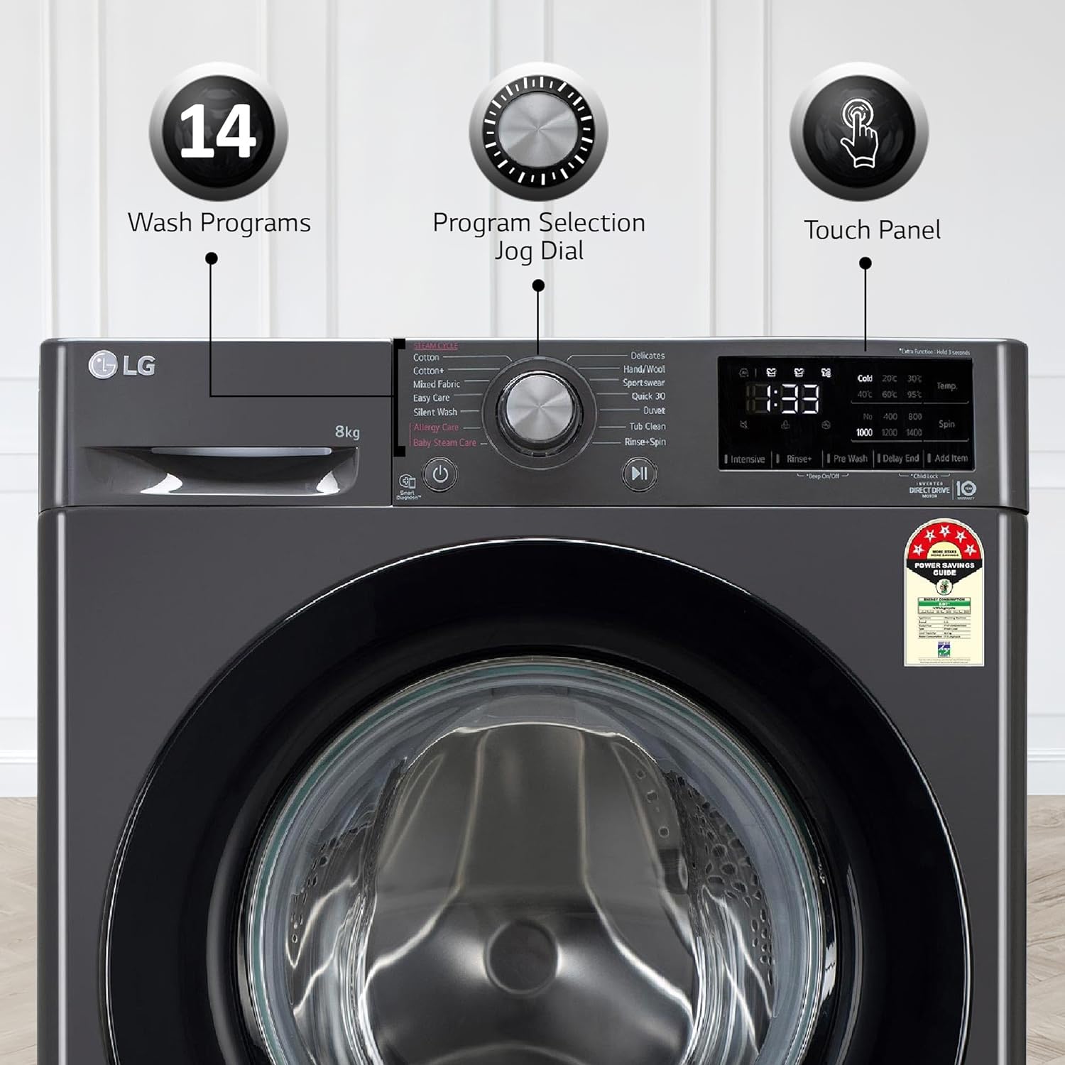 LG 8 Kg, 5 Star, AI Direct Drive Technology, Steam & 6 Motion DD Fully-Automatic Front Load Washing Machine (FHP1208Z3M, Intelligent & Convenient Fabric Care, Allergy Care, Middle Black)