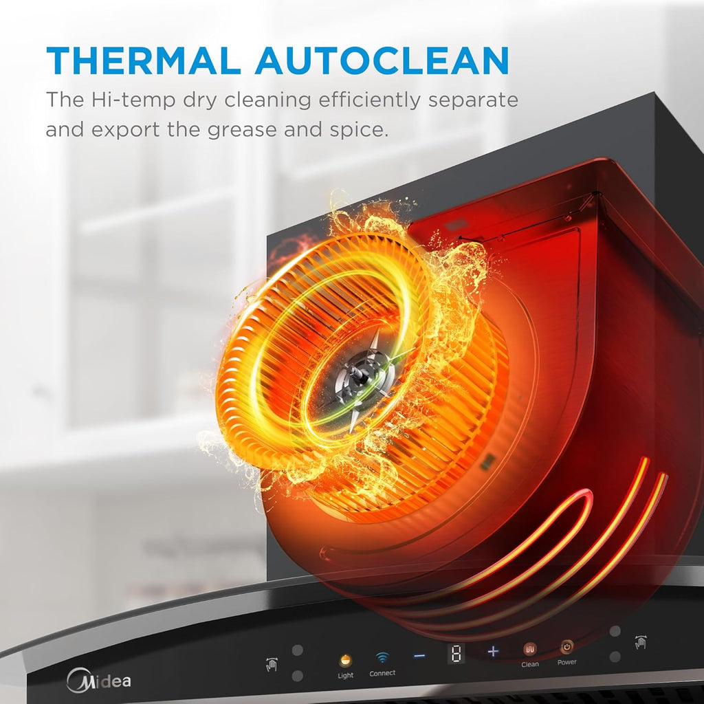 Midea 60 cm 1600 m3/hr BLDC, Filter-less, Wi-Fi enabled, intelli- Autoclean, 9 speed kitchen Chimney, Free Installation Kit (Megan Auto Clean), Black