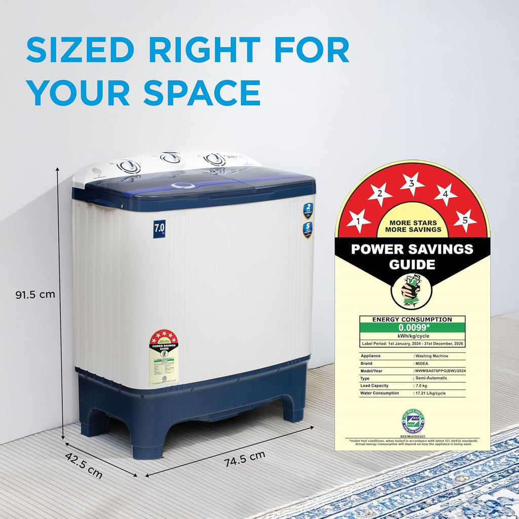 Midea Washing Machine Semi Automatic 7.0 KG Plastic Lid Black White,MWMSA070PPG(KW)