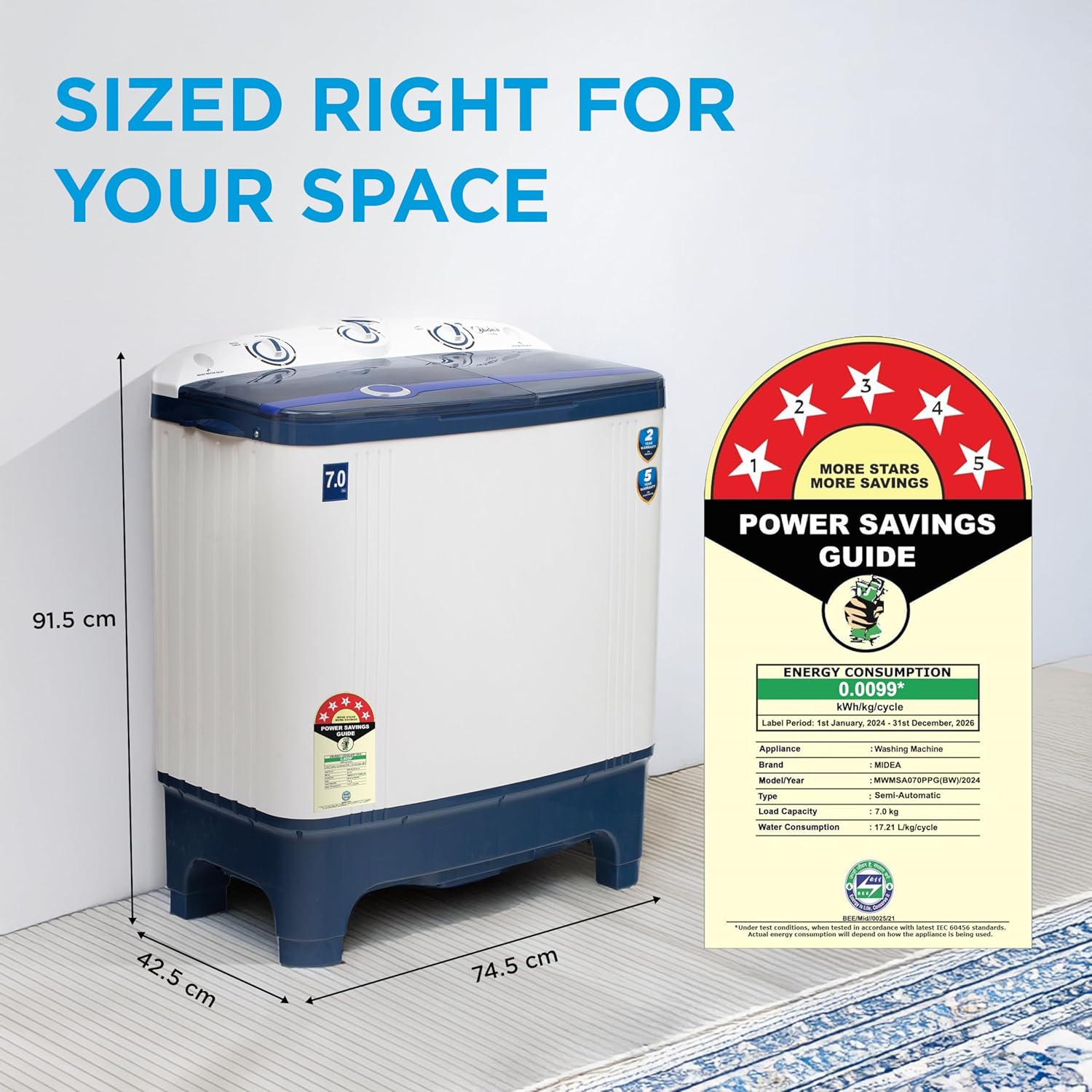 Midea Washing Machine Semi Automatic 7.0 KG Plastic Lid Black White,MWMSA070PPG(KW)