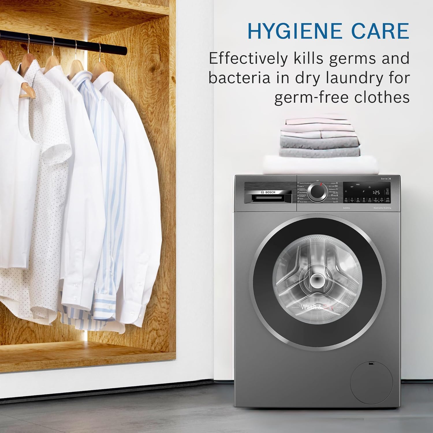 Bosch 10.5/6 KG Inverter Fully Automatic Front Load Washer Dryer (2023 Model, WNA2E4U1IN, 1400 RPM, 14 Wash Programs, LED touch display, Wash & Dry in 60 Mins, Cast Iron Grey)