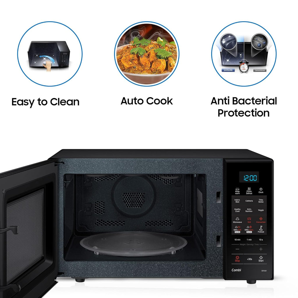 Samsung 21 L, Convection Microwave Oven (CE73JD-B1/XTL, Black, Various Cooking Modes, Pre heat, Eco Mode, Power Defrost, Auto Cook, Wire Rack, Ceramic Enamel Cavity with 10 year warranty)