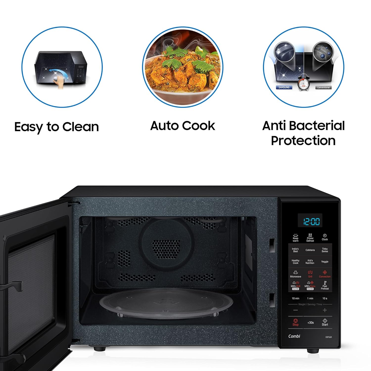 Samsung 21 L, Convection Microwave Oven (CE73JD-B1/XTL, Black, Various Cooking Modes, Pre heat, Eco Mode, Power Defrost, Auto Cook, Wire Rack, Ceramic Enamel Cavity with 10 year warranty)