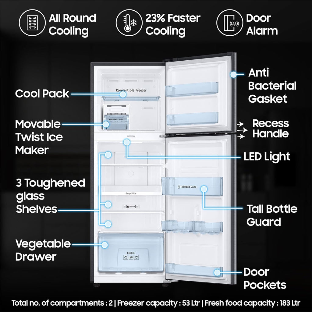 Samsung 236 L, 3 Star, Convertible, Digital Inverter with Display Frost Free Double Door Refrigerator (RT28C3733S8/HL, Silver, Elegant Inox)