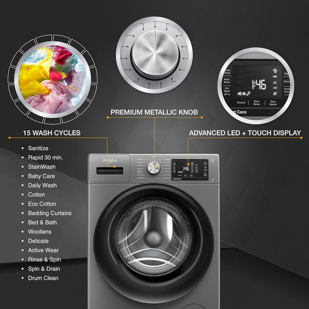 Whirlpool 8 Kg 5 Star Inverter Front Load Fully Automatic Washing Machine with In-Built Heater (XS8014BYM52E, MidNight Grey, Steam Technology, 100+ Tough Stains, 6th Sense Soft Move, 2024 Model)(Touched Up)