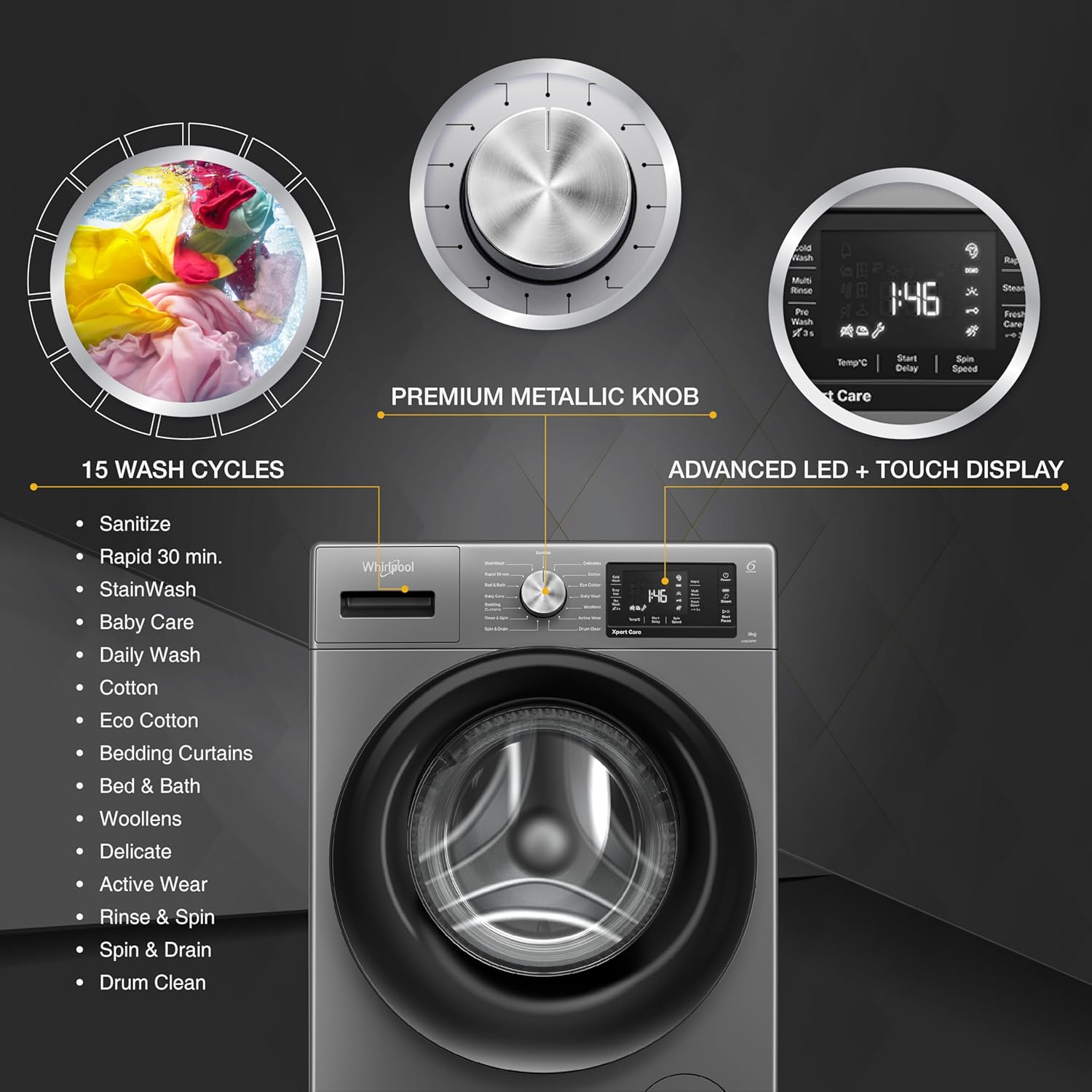 Whirlpool 8 Kg 5 Star Inverter Front Load Fully Automatic Washing Machine with In-Built Heater (XS8014BYM52E, MidNight Grey, Steam Technology, 100+ Tough Stains, 6th Sense Soft Move, 2024 Model)(Touched Up)