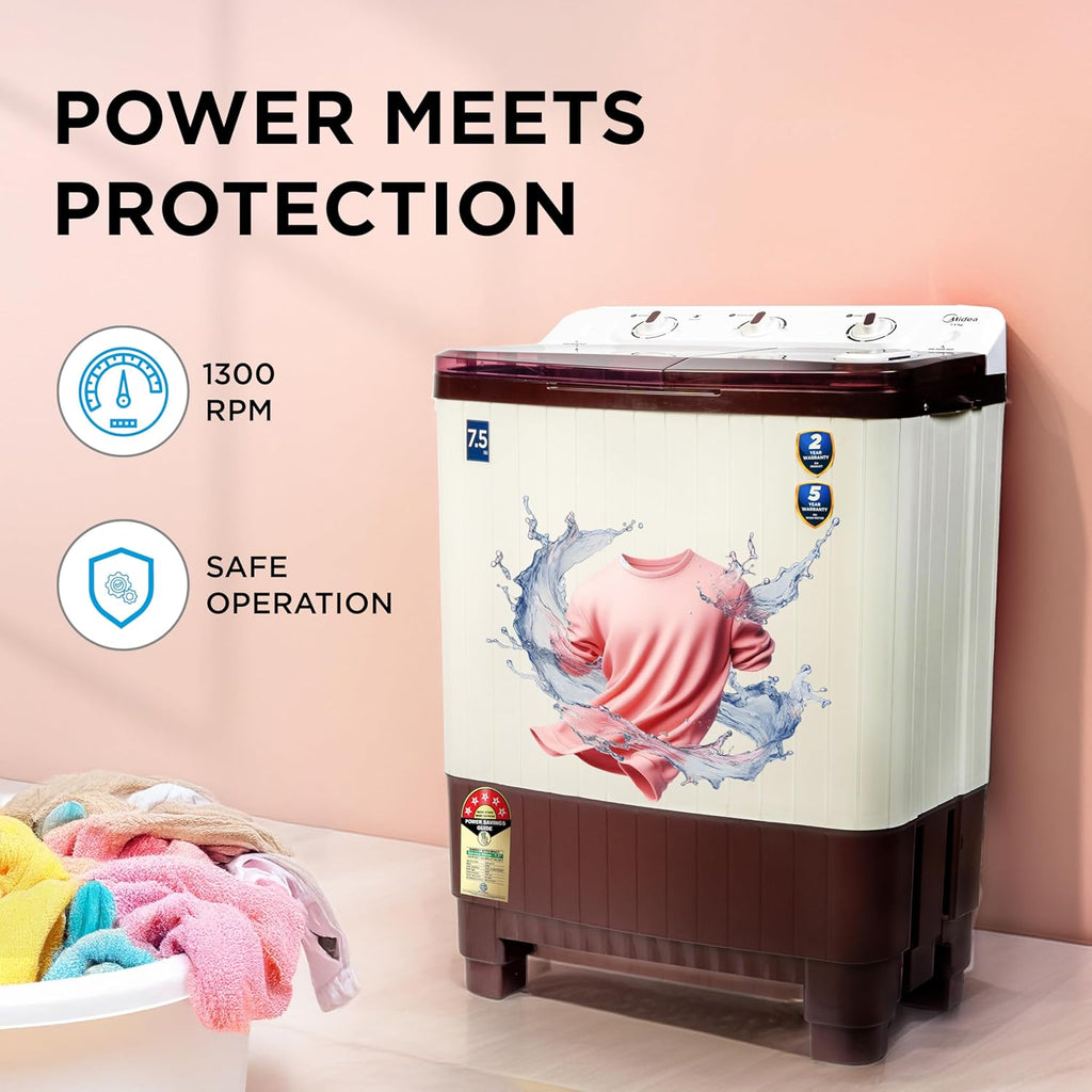 Midea 7.5 KG Semi Automatic Top Loading Washing Machine, Rust proof Body, Air Dry Function with 1300 RPM (MWMSA075PPG, Maroon White)