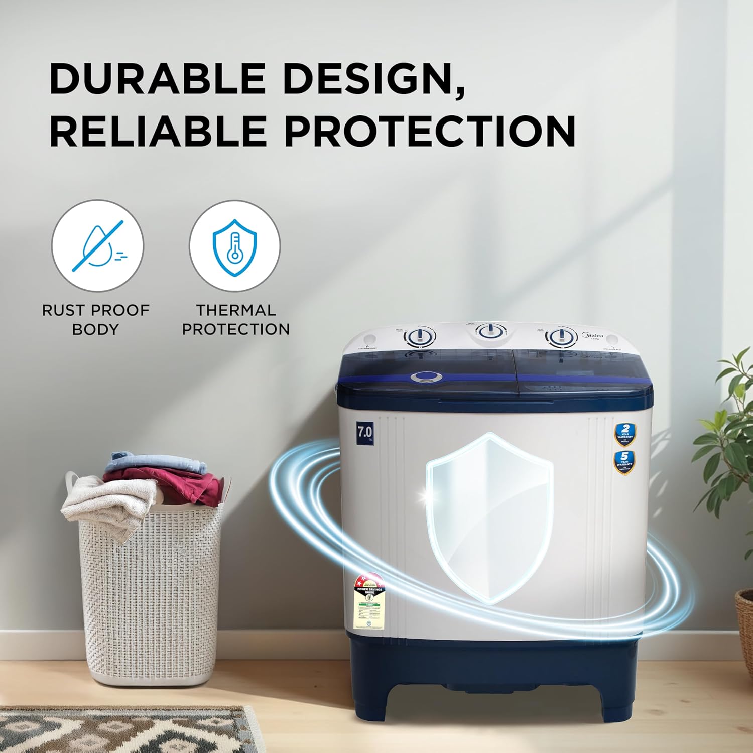 Midea Washing Machine Semi Automatic 7.0 KG Plastic Lid Black White,MWMSA070PPG(KW)