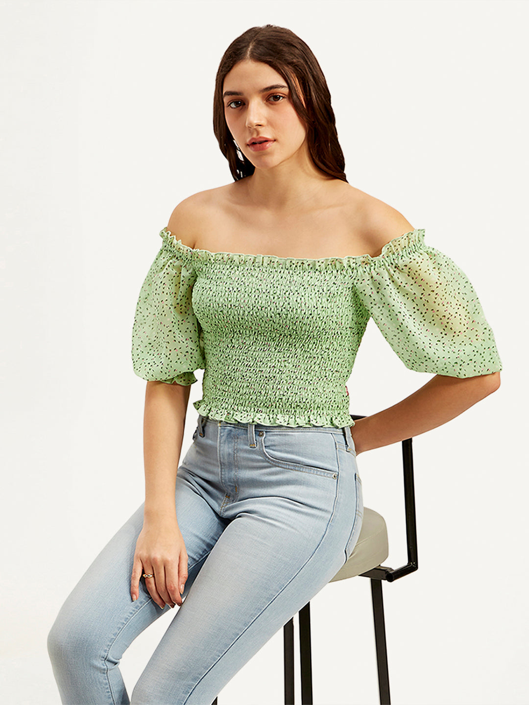 Women's Floral Green Off Shoulder Top
