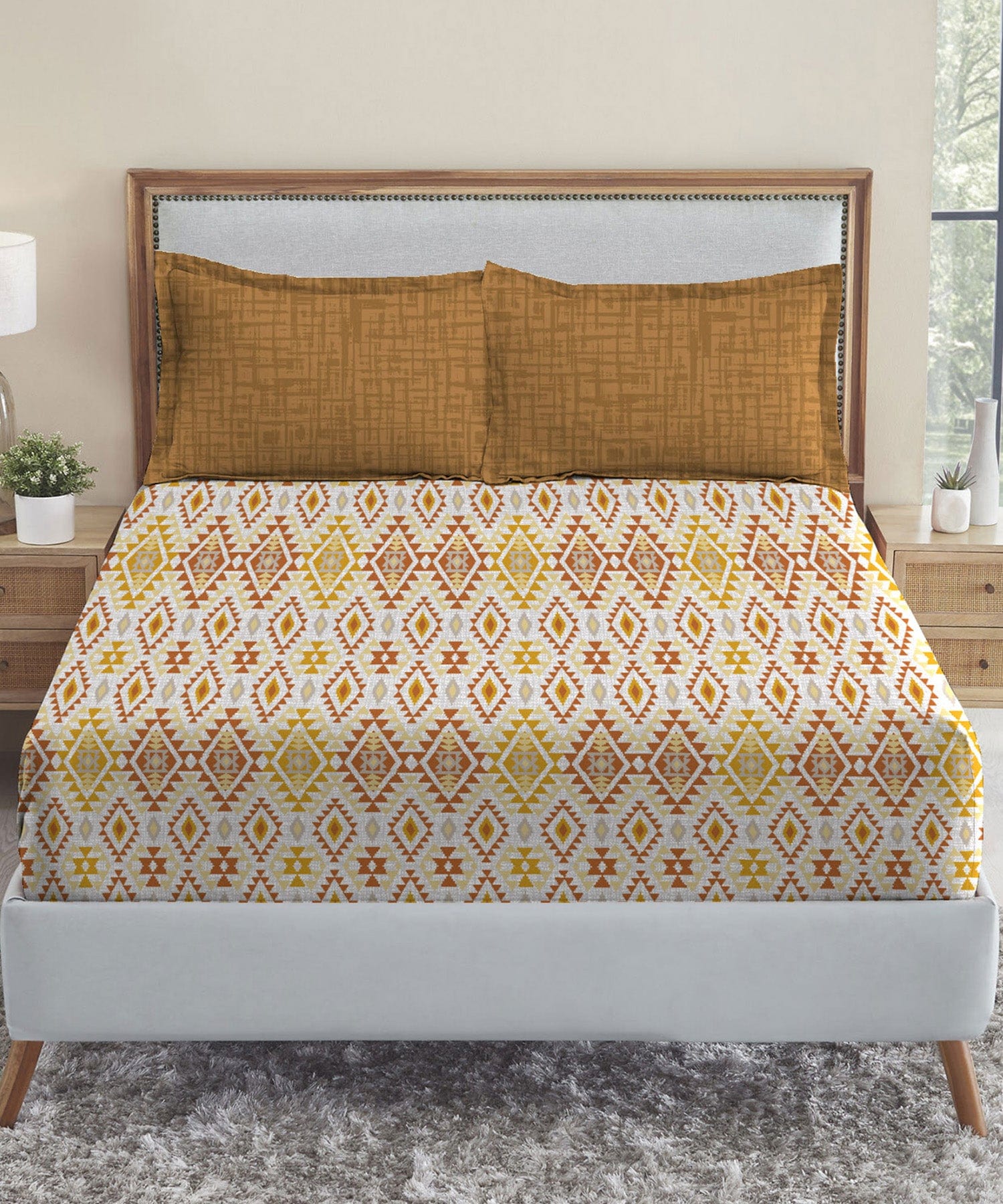 Urban Comfort Queen Bedsheet Set, Aria Yellow|144 TC Cotton|2 Pillow Covers