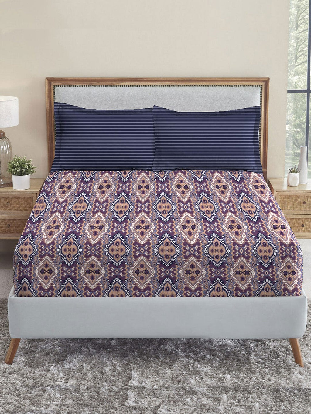 Urban Comfort Queen Bedsheet Set, Modern Indigo|144 TC Cotton|2 Pillow Covers