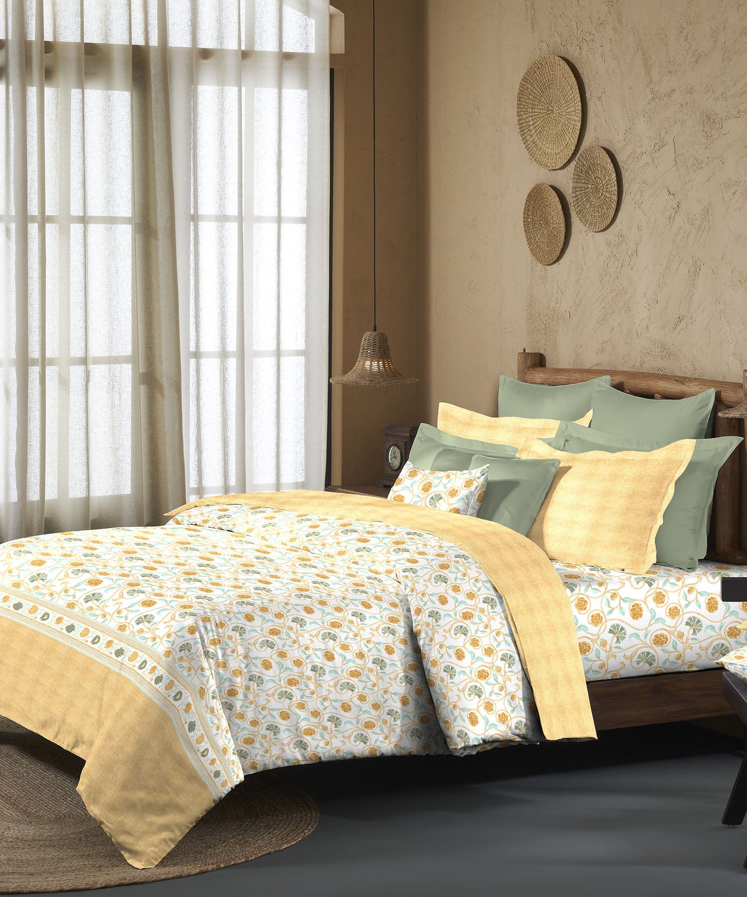 Sanskriti King Bedsheet Set, Block Print Mastard| 144TC Cotton|2 Pillow Covers