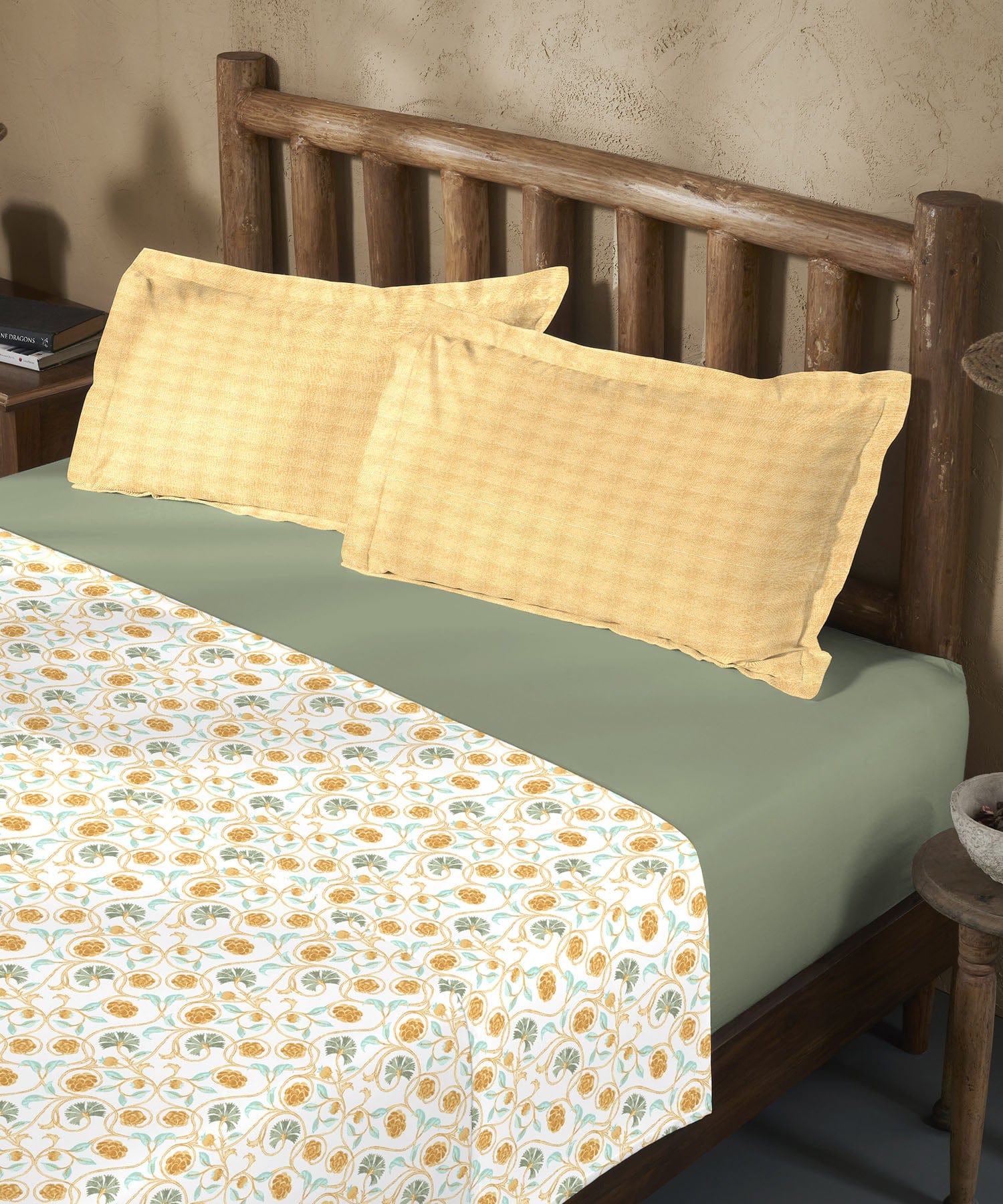Sanskriti King Bedsheet Set, Block Print Mastard| 144TC Cotton|2 Pillow Covers