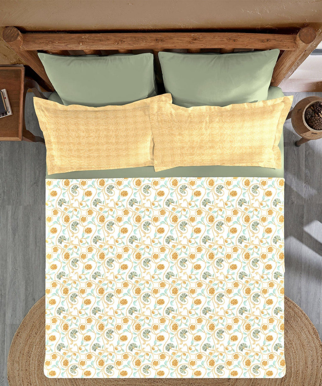 Sanskriti King Bedsheet Set, Block Print Mastard| 144TC Cotton|2 Pillow Covers